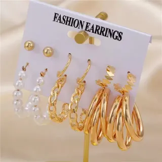 6 Pairs Fashion Pearl Golden Earring Set